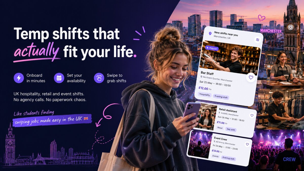 Shiftzy app showing live Manchester hospitality, retail and event shifts